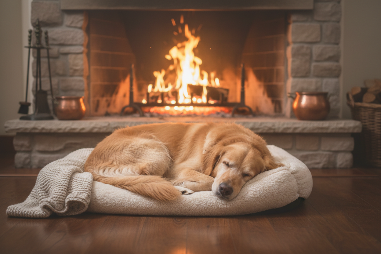 dog sleeping peacefully on bed near fire 